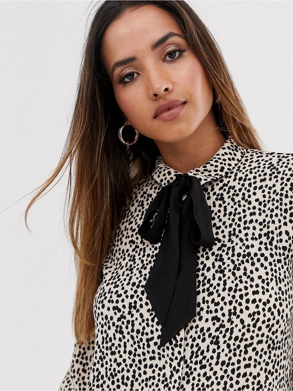 Mango Black and Cream Printed Tie-Neck Button-Down Top